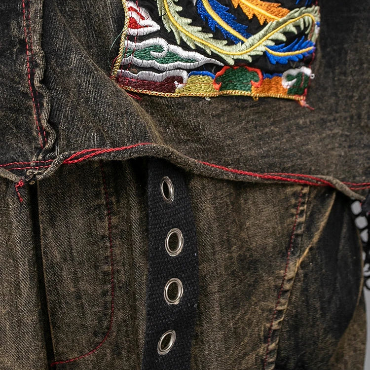 Spring Summer New Embroidered Patchwork Mesh Denim Short Sleeved T-shirt + Harem Pants Two-piece Set Women LX253