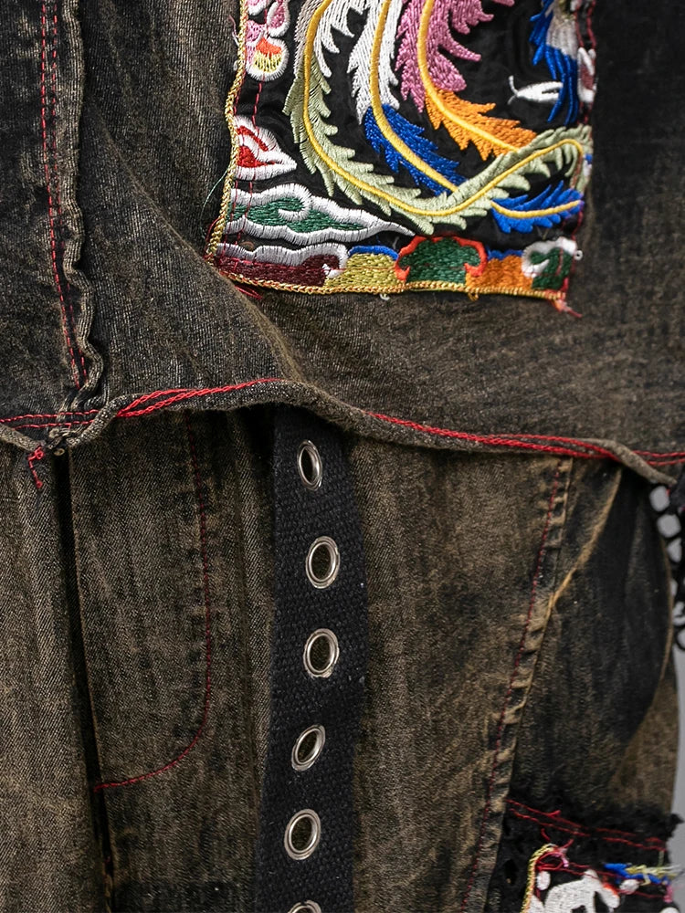 Spring Summer New Embroidered Patchwork Mesh Denim Short Sleeved T-shirt + Harem Pants Two-piece Set Women LX253