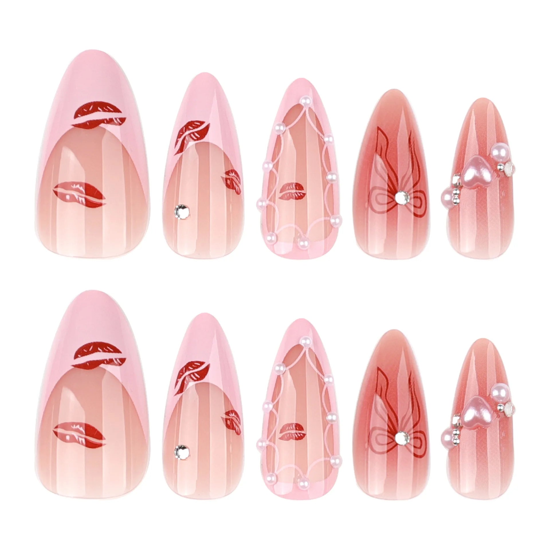 24pcs Sweet Pink Press on Nails with Bow Lipstick Print French Fake Nail Tips Wearable Detachable Ins Simple Korean False Nails