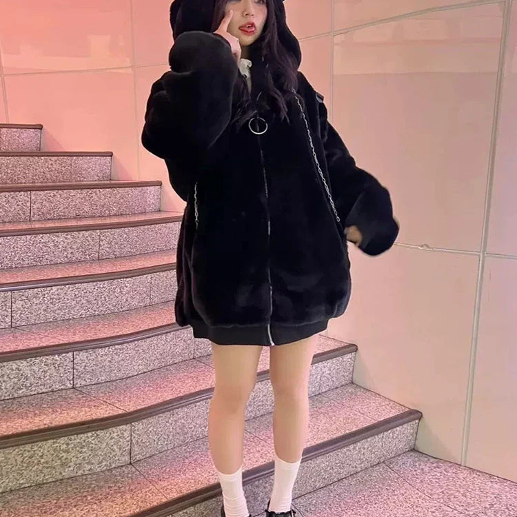 Winter Oversized Warm Thick White Faux Fur Coat Women with Hood Sweet Cute Kawaii Japanese Style Fashion Fluffy Jacket