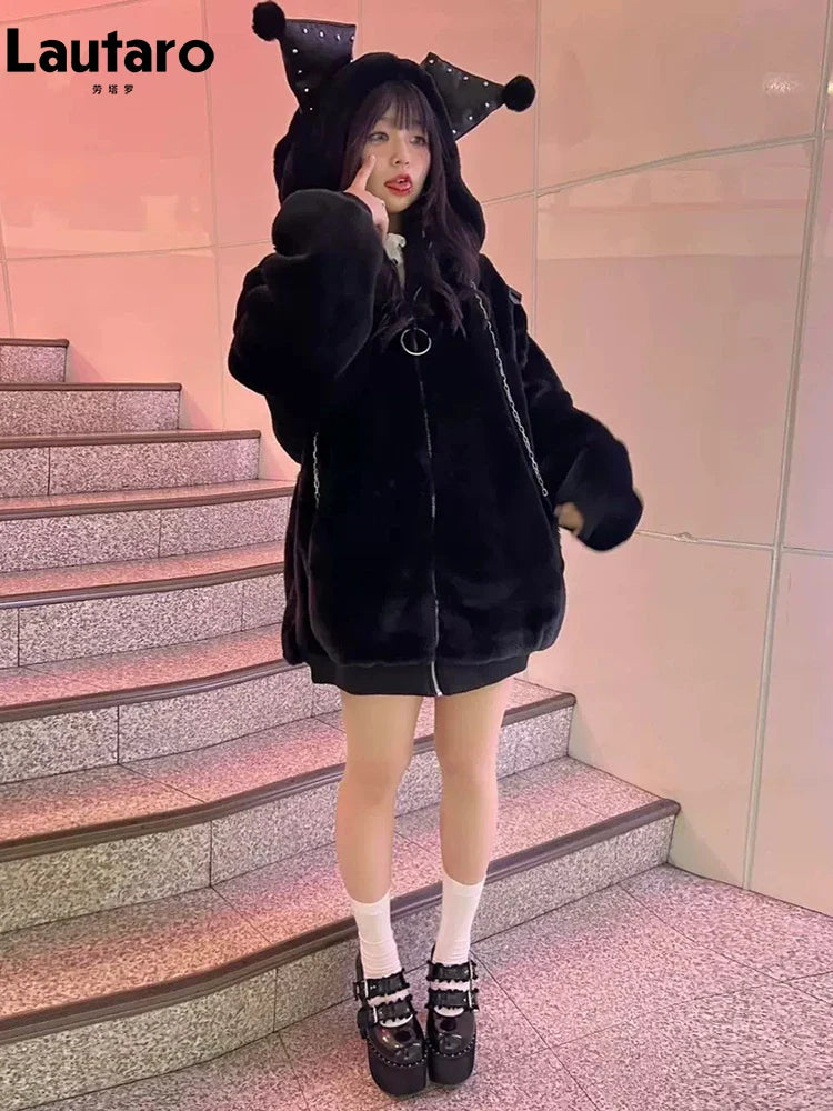 Winter Oversized Warm Thick White Faux Fur Coat Women with Hood Sweet Cute Kawaii Japanese Style Fashion Fluffy Jacket