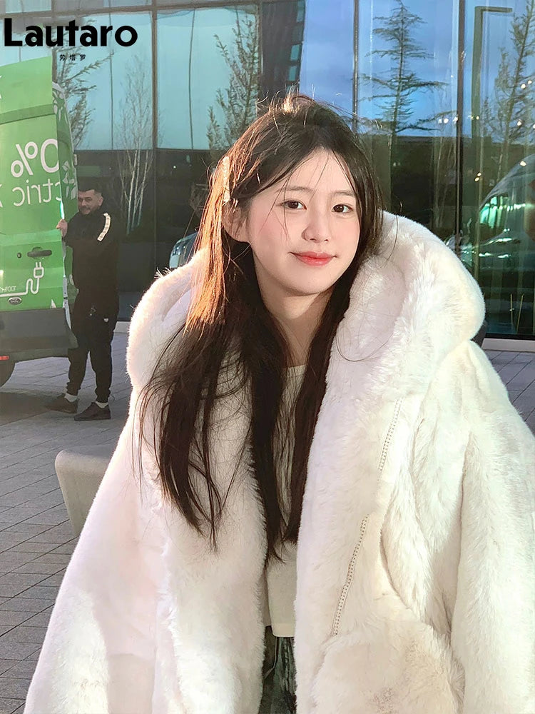 Lautaro Autumn Winter Thickened Warm White Reversible Faux Fur Coat Women with Fake Fur Inside Loose Luxury Cute Fluffy Jacket