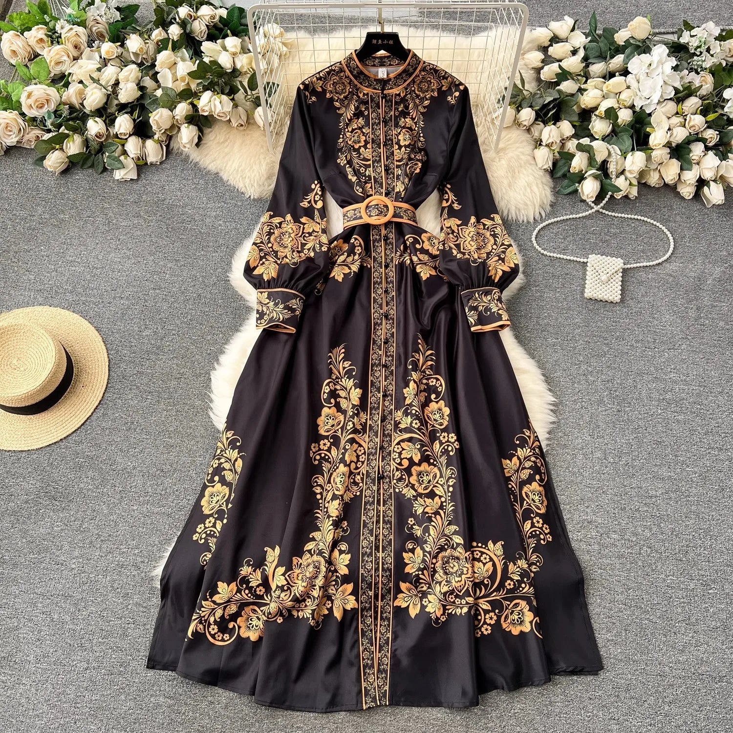 New Fashion Runway Red And White Porcelain Dress Women's Stand Long Lantern Sleeve Blue Floral Print Shirt Robe Vestidos 2377 black