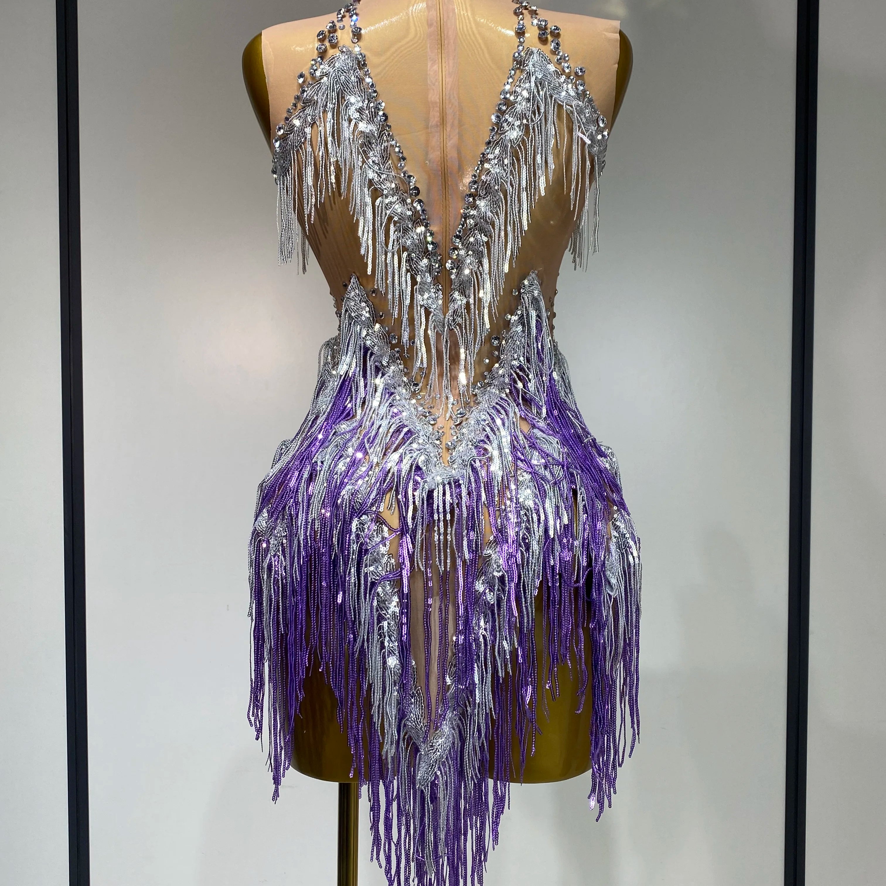 Luxury Rhinestone Tassel Sexy Women Short Latino Dance Dress Birthday Nightclub Bar Sleeveless Sparkly Performance Stage Outfit