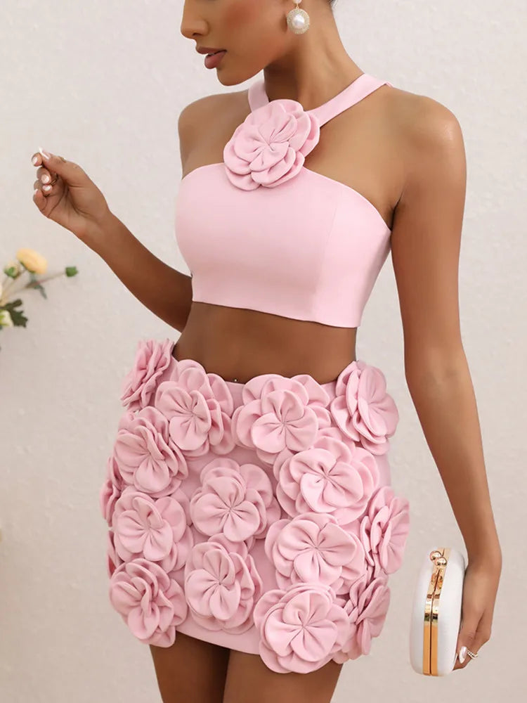 Women Celebrity Sexy Tank Flower Backless Pink Mini Summer Skirt Set 2024 Elegant Evening Club Party Outfits