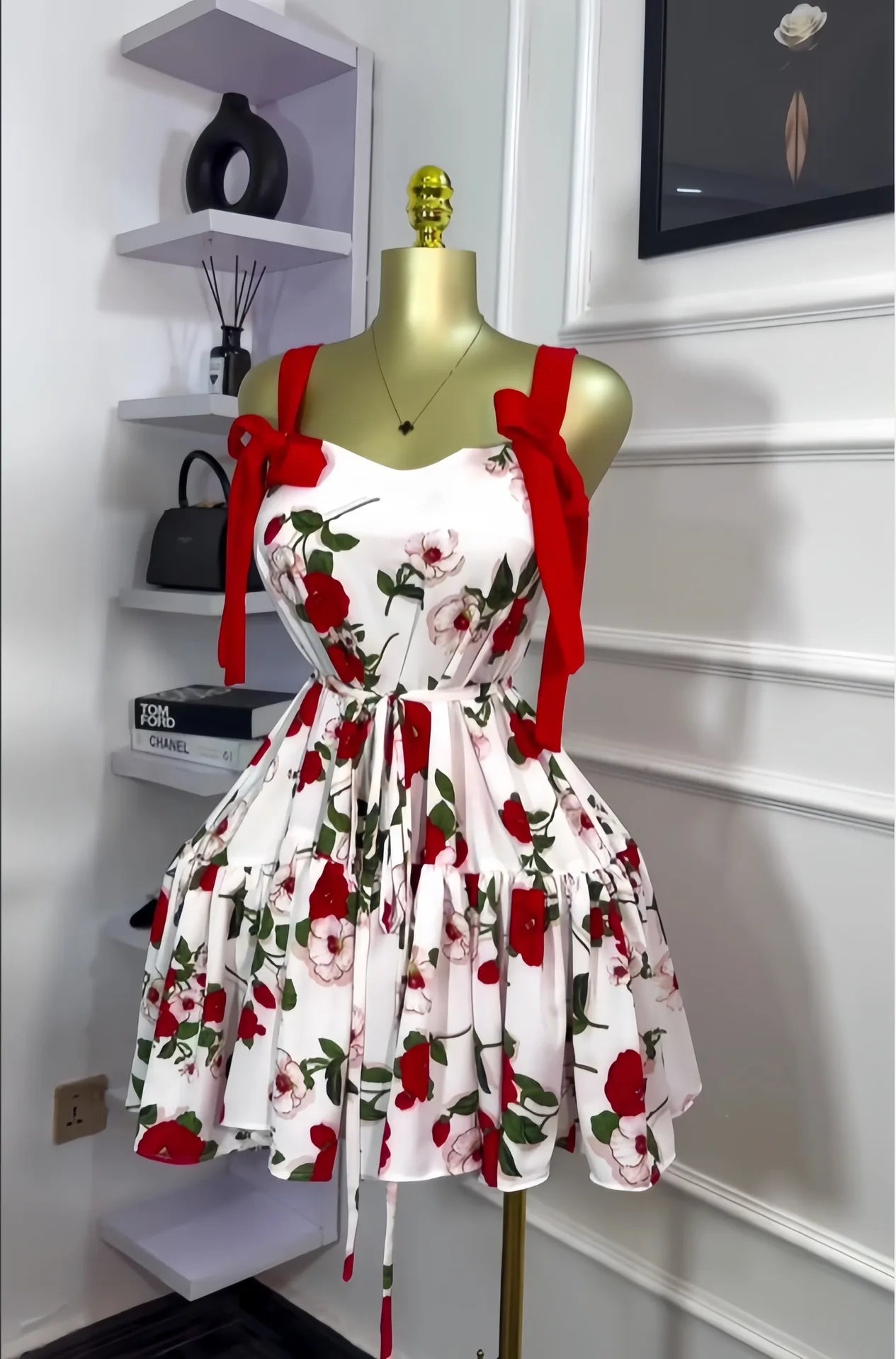 Women Floral Printed Flare Sleeveless Bow Strap Belt Mini Dress 2025 Evening Sexy Beach Party Birthday Street Dresses red white