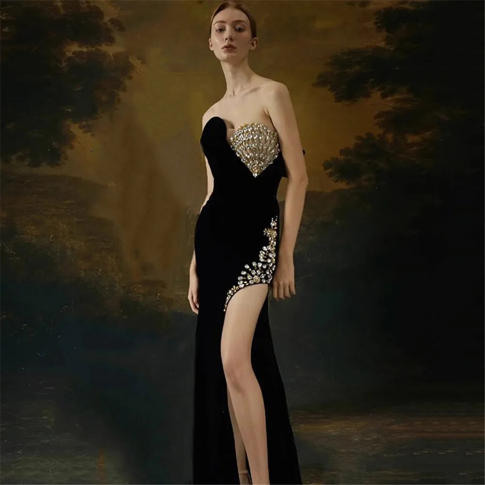 Women Sexy Strapless Golden Crystal Bodycon Long Bandage Dress Fashion Celebrate Evening Party Birthday Photo Shot Wear black