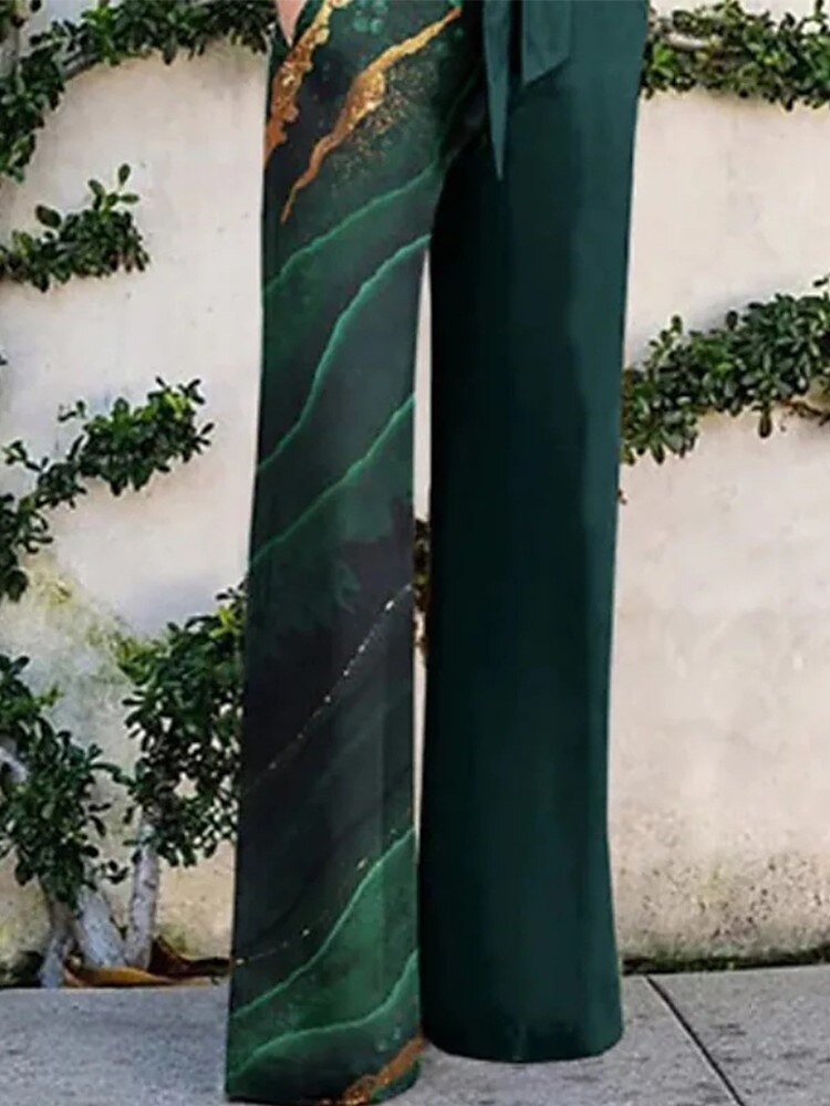 Print Jumpsuit Women Autumn and Spring 2024 New Fashion Long Sleeve Lapel Loose Casual Elegance Green Jumpsuits