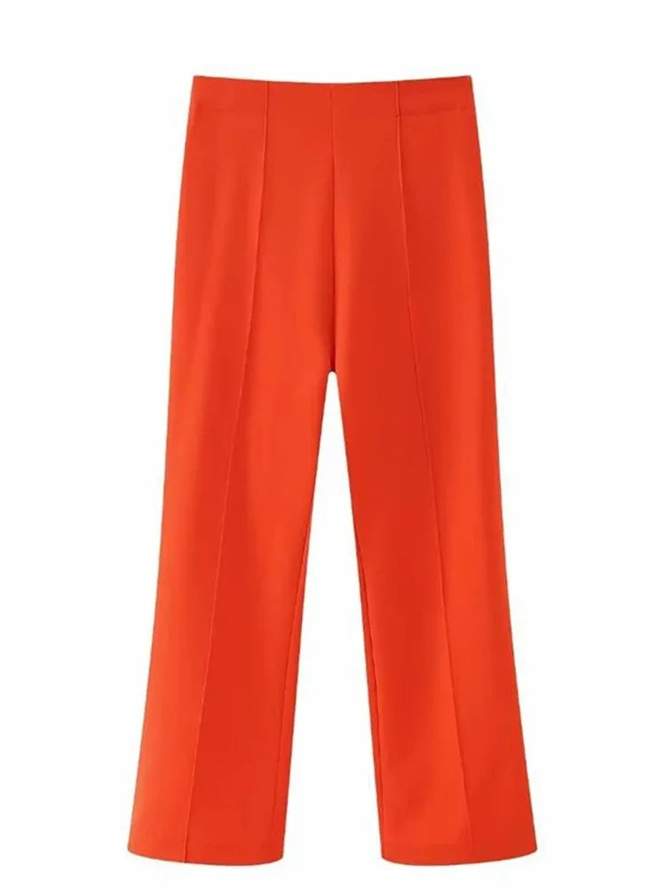 TRAFZA Women's Casual Blazer Chic Outerwear Elegant Flared Trousers Long Sleeve V-Neck Belted Office Commuter Suit Set Orange Trousers-O58