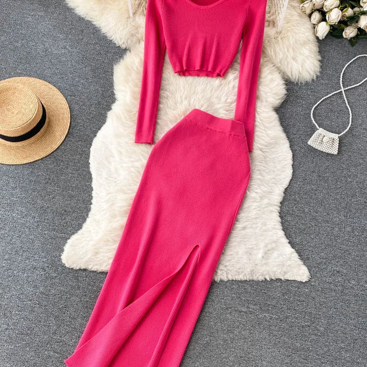 SINGREINY Autumn Sweater Two Pieces Suits Long Sleeves Knit Top+ Elatic Waist Slim Split Long Skirt Sets Women Warm Knitted Suit rose red One Size