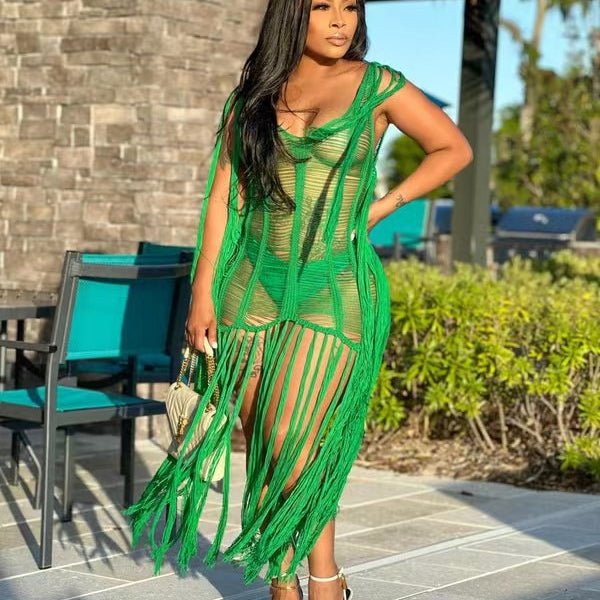 Sexy Crochet Knit Rib Tassel Mini Dress for Women Summer 2024 Fashion Sleeveless See Through Club Party Dresses Beach Wear Robe