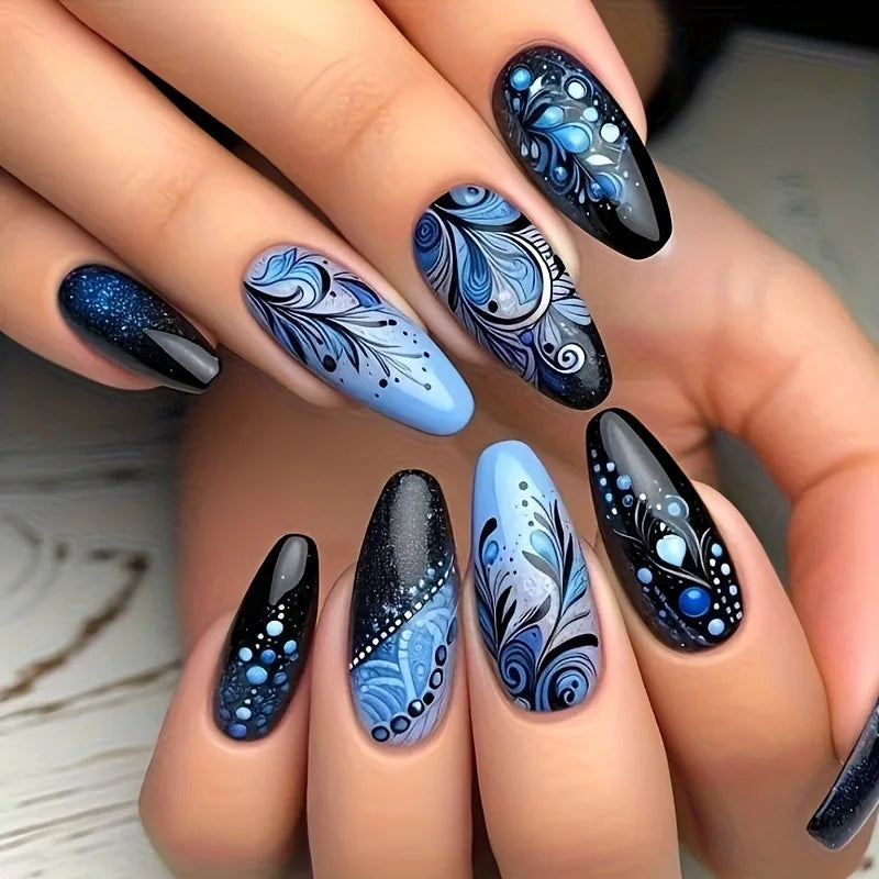 24Pcs Mid-length Almond Fake Nail with Blue Stripe Smudge Design Press on Nails for Woman Datachable Full Cover False Nails Tips BKS3141