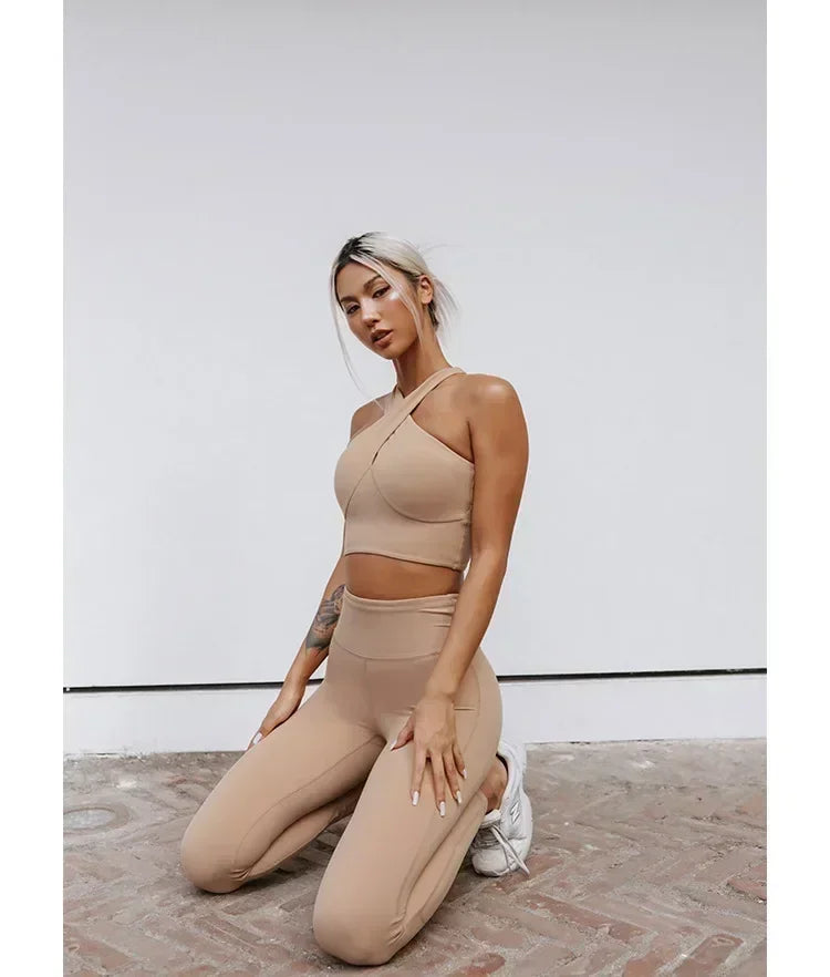yoga suit, vest, sports bra, lingerie, women's sexy and beautiful back, cross strap fitness suit Khaki