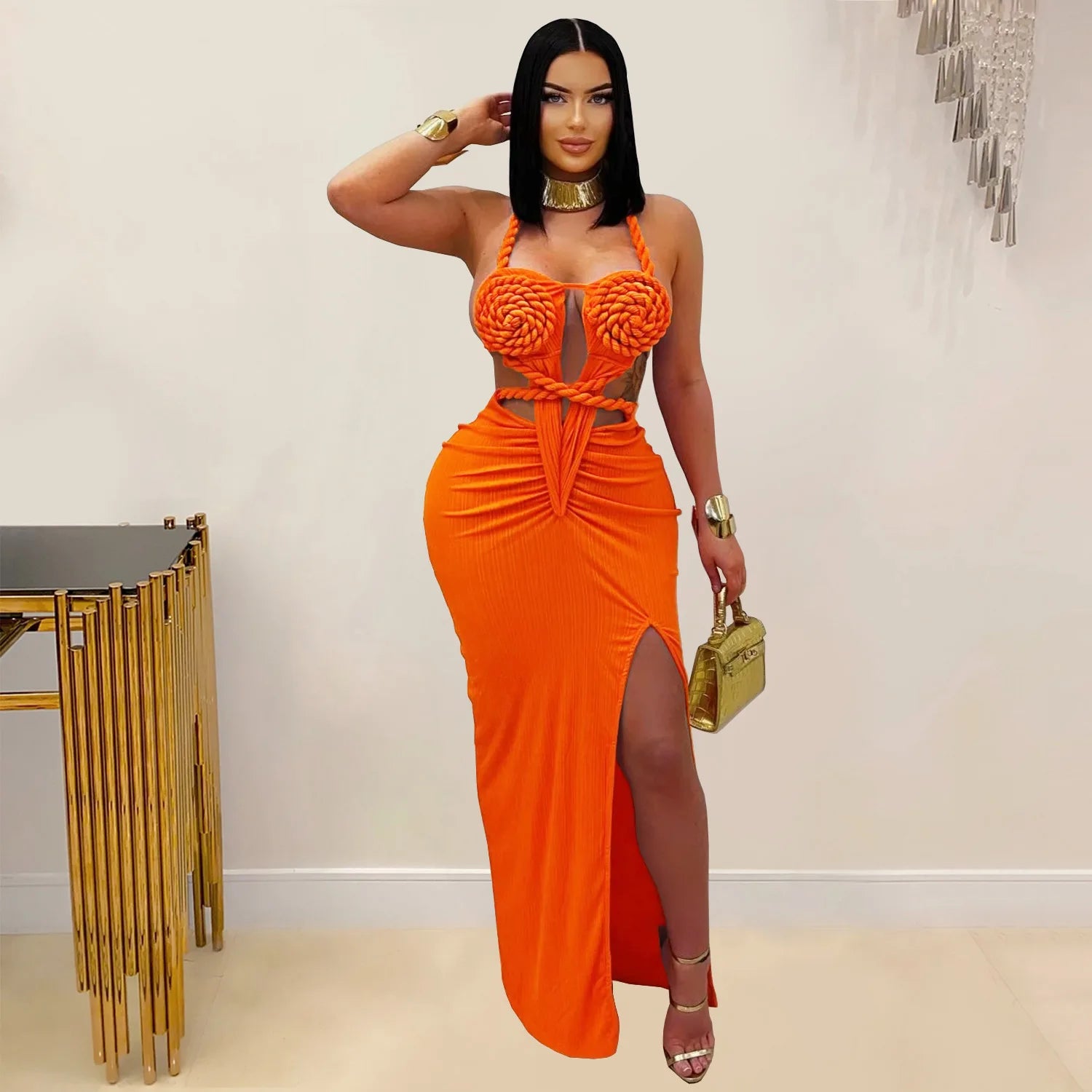 Women Hemp Rope Halter Neck Stacked Ruched High Split Knit Bodycon Midi Maxi Long Dress 2025 Birthday Sexy Party Dresses Orange