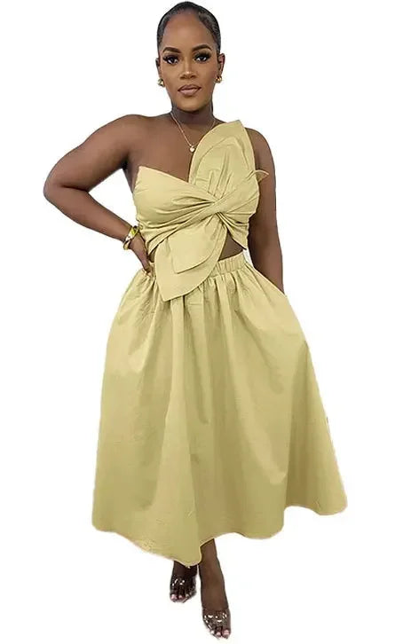 Women Big Petal Front Strapless Midi Long Dress 2024 Summer Street Vestidos Sexy Party Evening Chic Big Swing Dresses Khaki