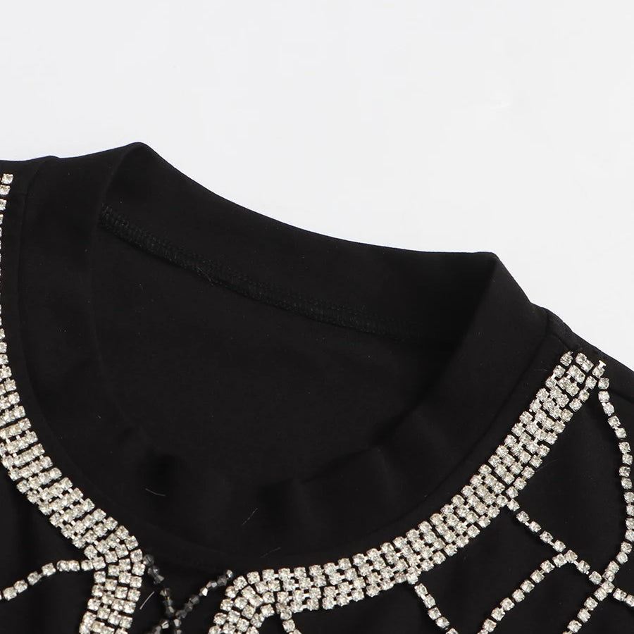 Slimming Spliced Diamond Elegant T Shirts for Women Round Neck Short Sleeves Patchwork Tassels Tees Femlae Fashion