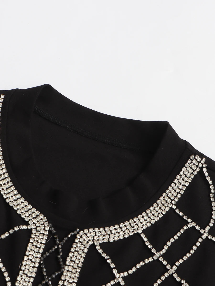 Slimming Spliced Diamond Elegant T Shirts for Women Round Neck Short Sleeves Patchwork Tassels Tees Femlae Fashion