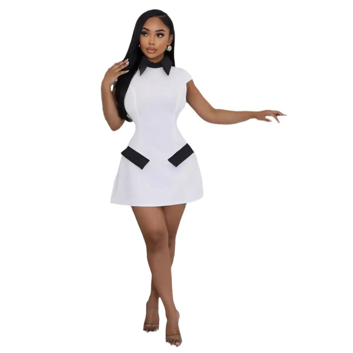 Women Fashion Turn-down Collar High Waist A-line Mini Dress 2024 Summer Party Night Club Street Basic Vestidos Dresses White