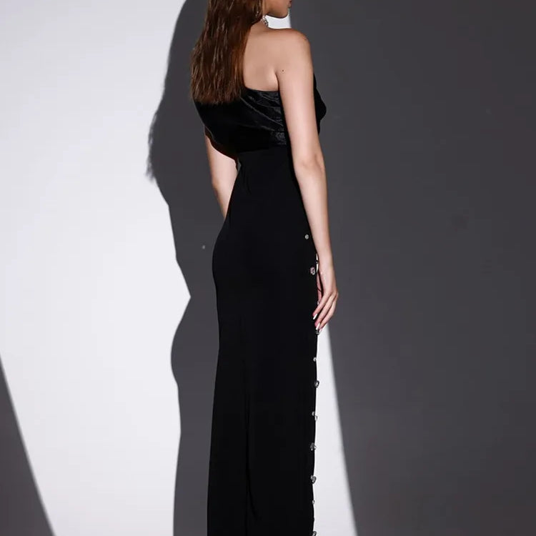 Women Sexy One Shoulder Diamonds Pink Black Maxi Long Bodycon Bandage Dress Elegant Evening Club Party Dress