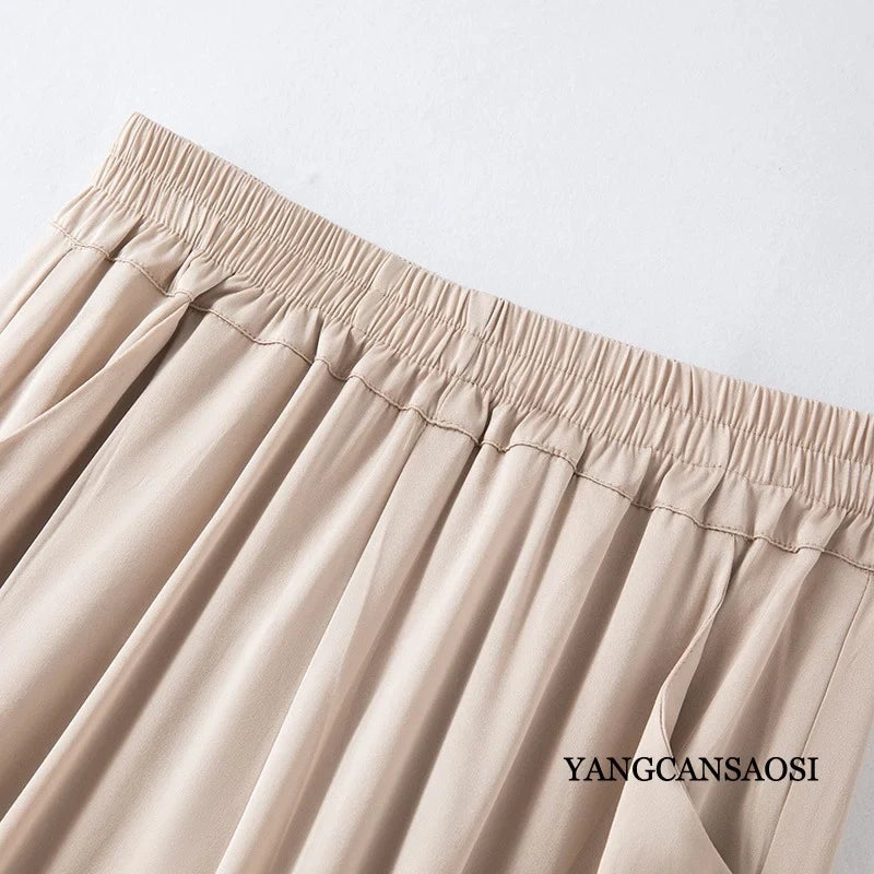 Women's Fashion Spring/Summer New Commuter 96%Natural Mulberry Silk Elastic Double Qiao Beige Wide Leg Casual Pants