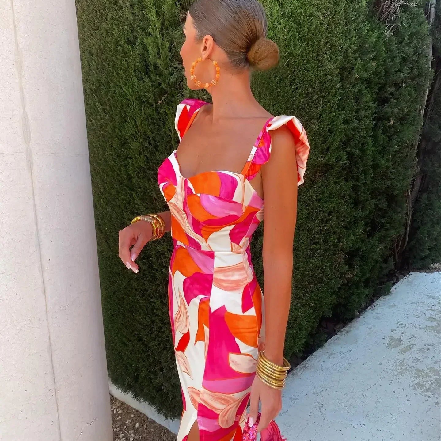 Fashion Print Fly Sleeve Midi Dress For Women Elegant Square Neck Sheath Split Dresses Female Vintage High Street Vestidos