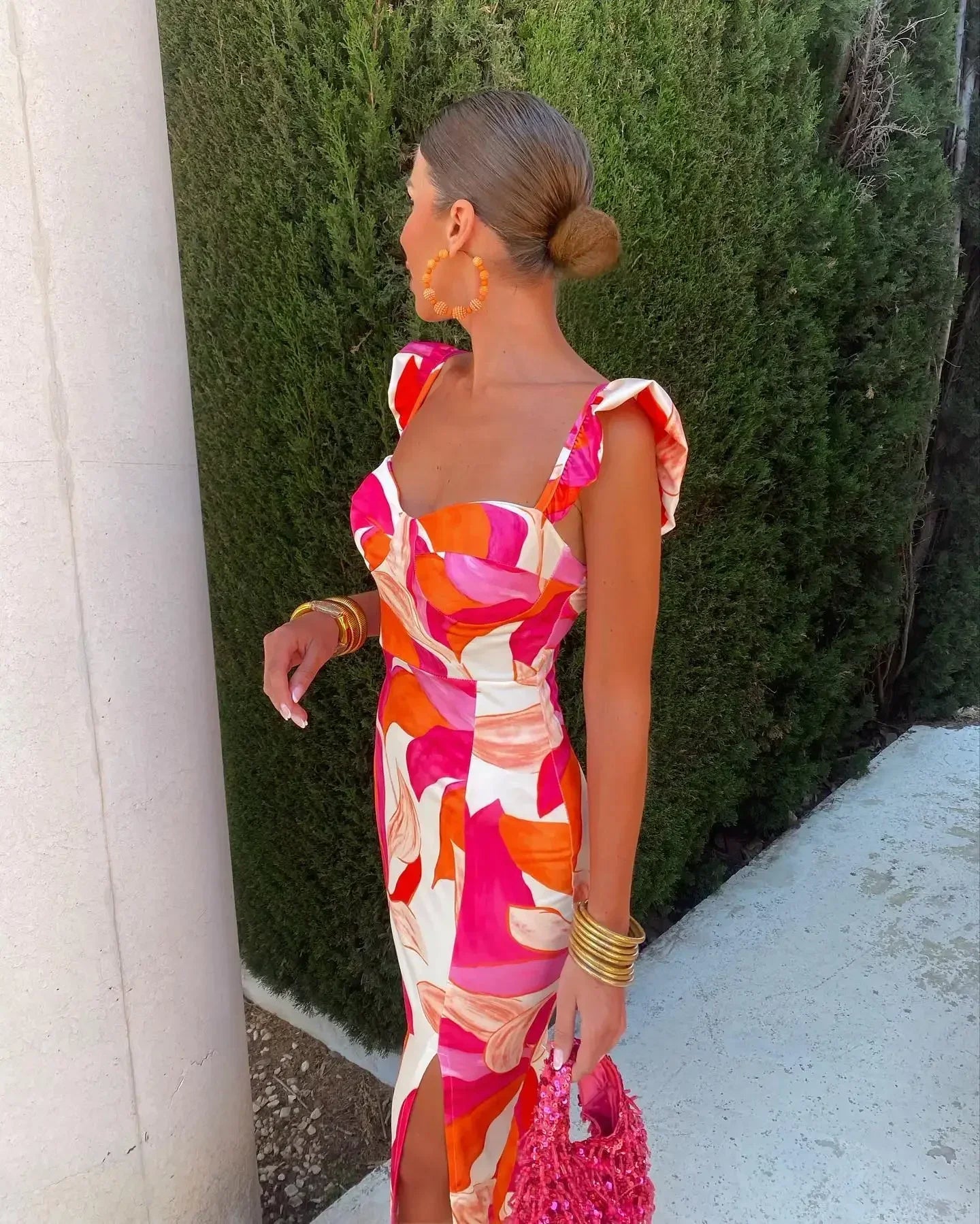 Fashion Print Fly Sleeve Midi Dress For Women Elegant Square Neck Sheath Split Dresses Female Vintage High Street Vestidos