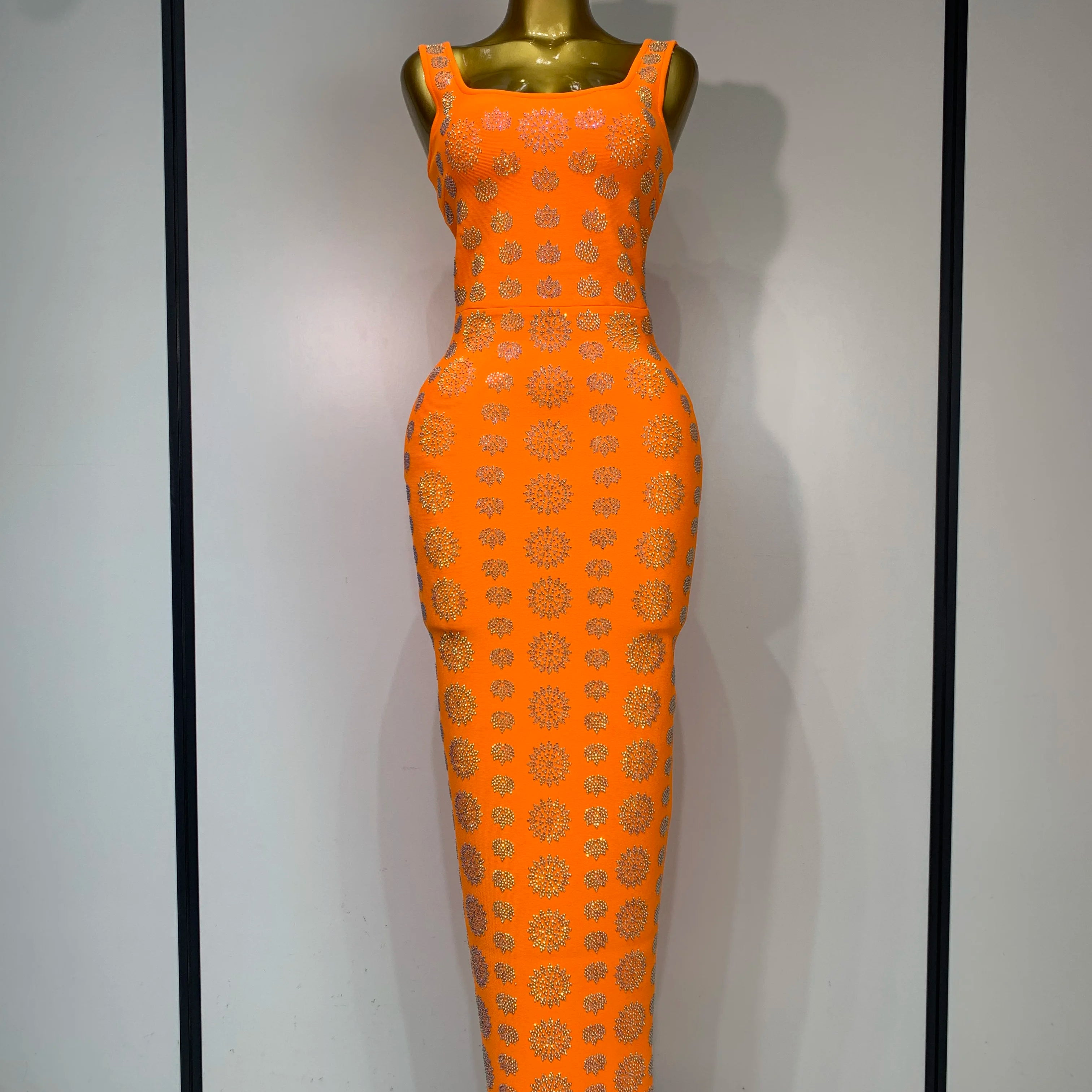 High Qulity Sparkling Diamonds Sleeveless Strech Bandage Dress Elegant Woman Evening Party Wedding Guest Luxury Birthday Dress Orange