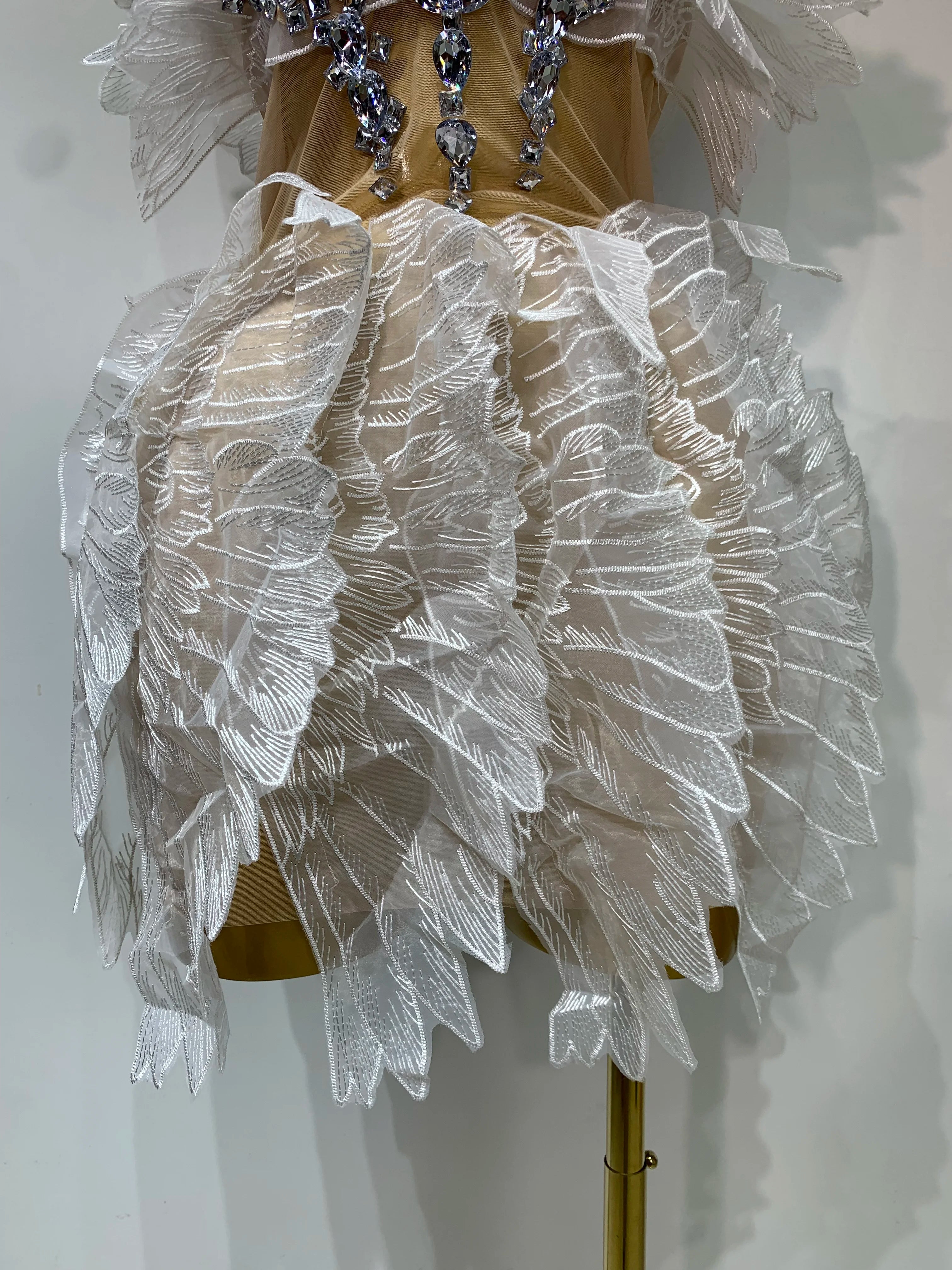 Luxury Birthday Dress Women Sexy White Crystal Transparent Wings Mini Dress Nightclub Evening Party Singer Stage Perform Costume