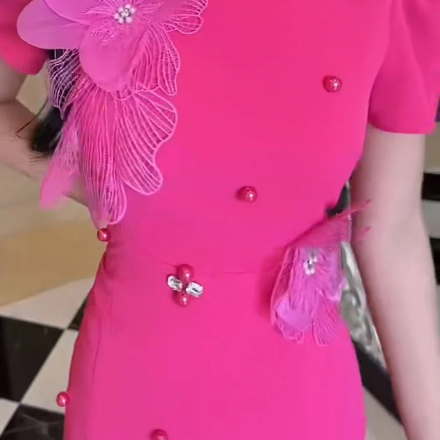 Hit Color Spliced 3D Flower Elegant Dresses for Women Round Neck Short Sleeves Patchwork Folds Sheer Dress Female