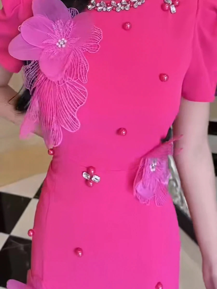 Hit Color Spliced 3D Flower Elegant Dresses for Women Round Neck Short Sleeves Patchwork Folds Sheer Dress Female