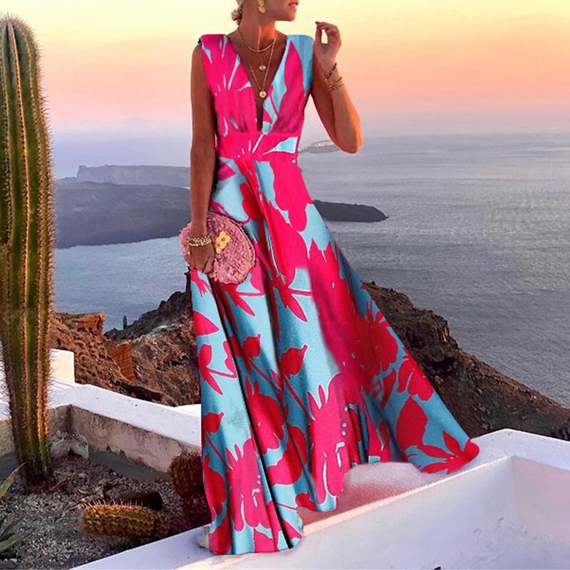 V Neck Maxi Dresses Printed Sleeveless Sling Holiday Dress style 2 rose blue