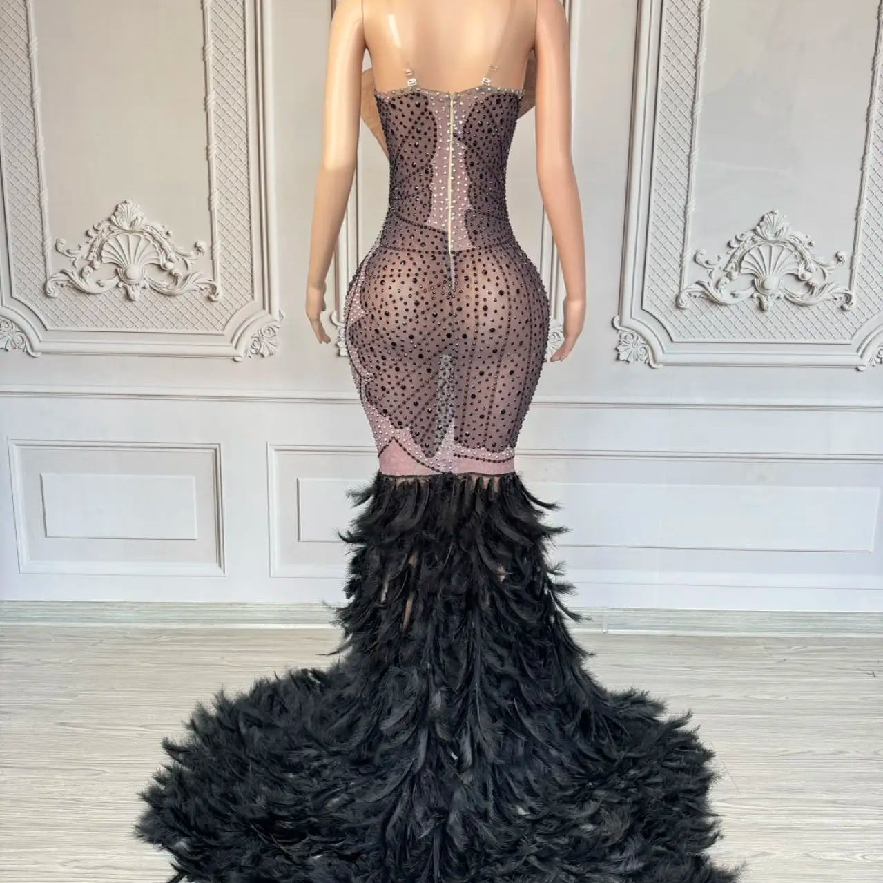 Luxury Women Feather Evening Dress Sparkly Sexy Prom Couture Rhinestone Birthday Party Ball Celebrate Photo Shoot Wear Mifeng