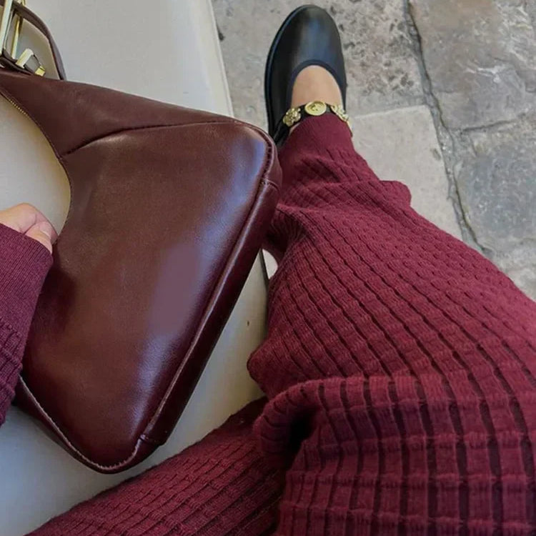 Autumn Women Wine Red Knit Sweater 2 Peice Sets V-neck Cardigan Coats High Waist Wide Leg Pants Ladies Fashion Casual Suits