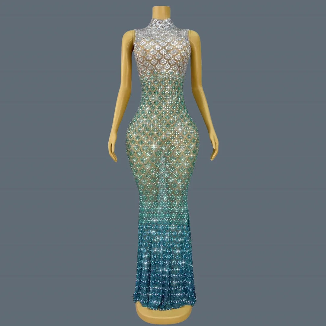Trendy Gradient Sparkling Crystal Sheer Mesh Long Dress Sexy High-end Skinny Evening Dress Birthday Night Party Outfit Qingshe as shown