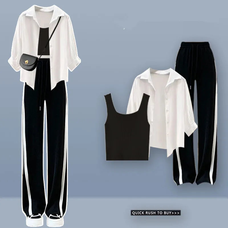 Women High Waist Long Denim Pants 2024 Summer Lady Daily Solid Shirt Vest Jeans 3 Piece Set Korean Fashion Blouse Tank Top Suits