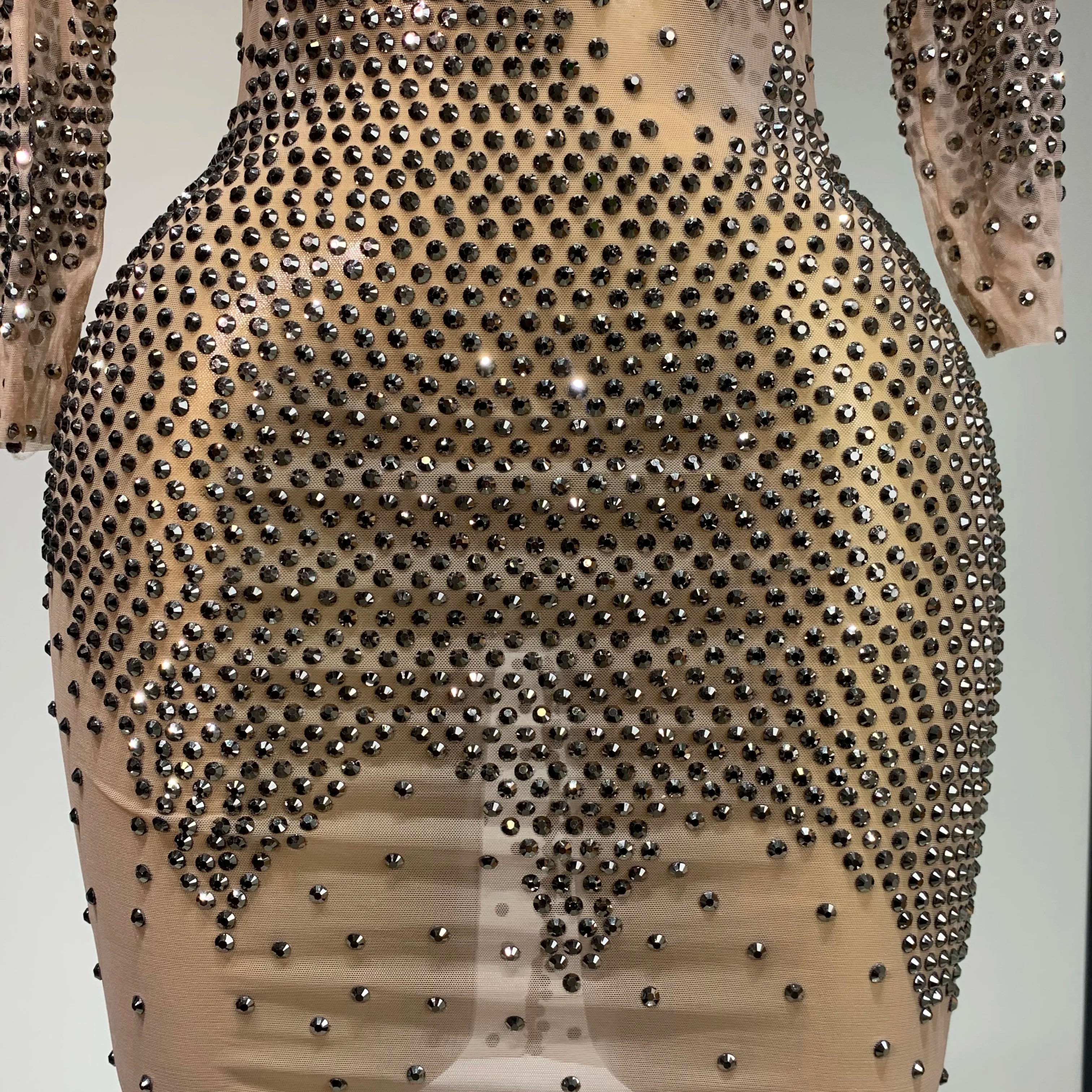 Luxury Birthday Rhinestones Half Sleeve Transparent Mini Dress Women 2025 Sexy Mesh Stretch Performance Celebrity Stage Wear