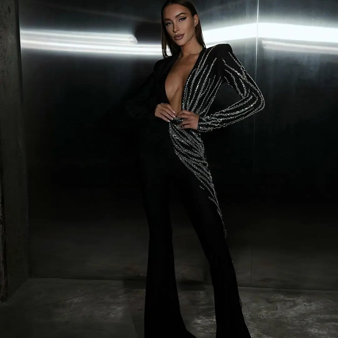 2024 New Spring Sparkling diamonds Sexy V-Neck Stylish Flare Pants Jumpsuit Woman Fashion Party Outfit Stage Performance Costume