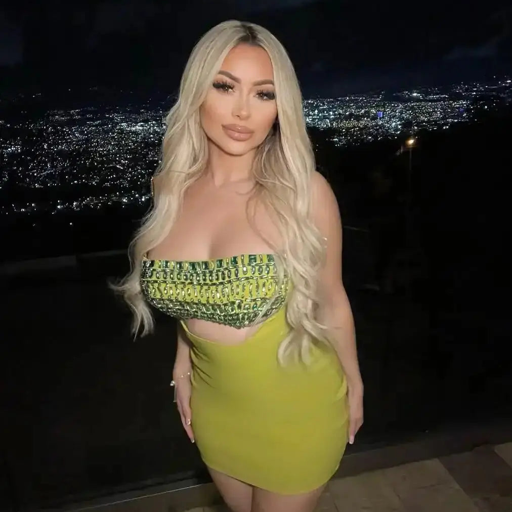 2025 Shining Diamonds Sexy Hollow Strapless Sheath Green Bandage Mini Dress Fashion Woman Party Dress Music Festival Outfit green