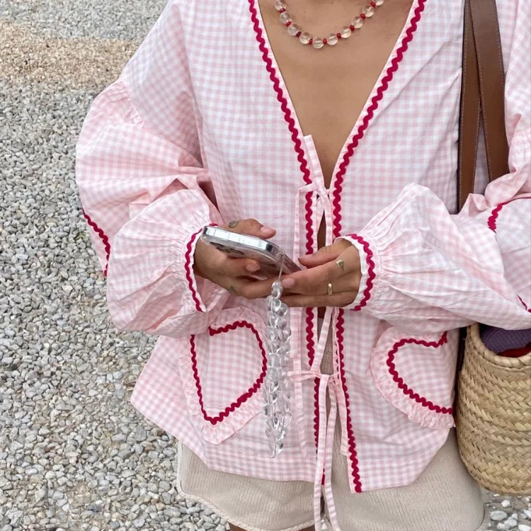 Women Heart Pocket Plaid Shirt Pants Set Casual Lantern Sleeve Lace Up Blouse 2 Piece Sets Summer Loose Drawstring Pants Set light pink top