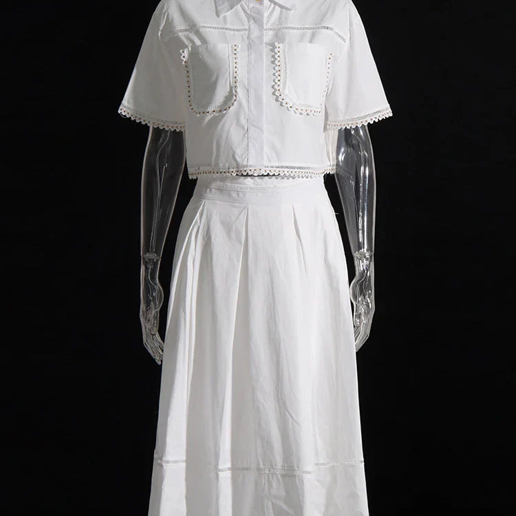 Solid Summer Two Piece Sets For Women Lapel Short Sleeve Tops High Waist A Line Skirt Slim Set Female Fashion New White