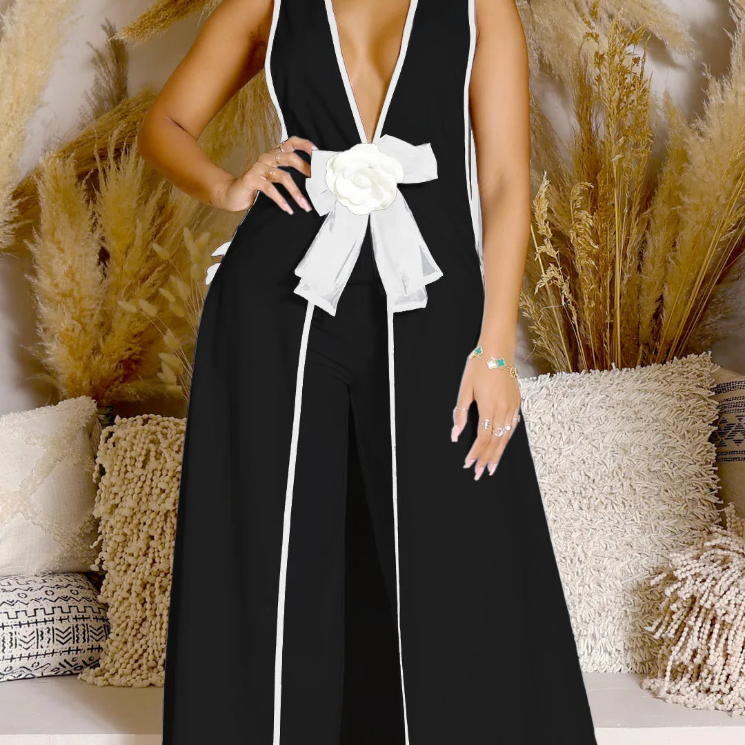 Women Set 3D Flower Sleeveless V-neck X-long Shirt Coats + Wide Leg Pants Two 2 Piece Sets Fashion Outfits 2024 Summer Black