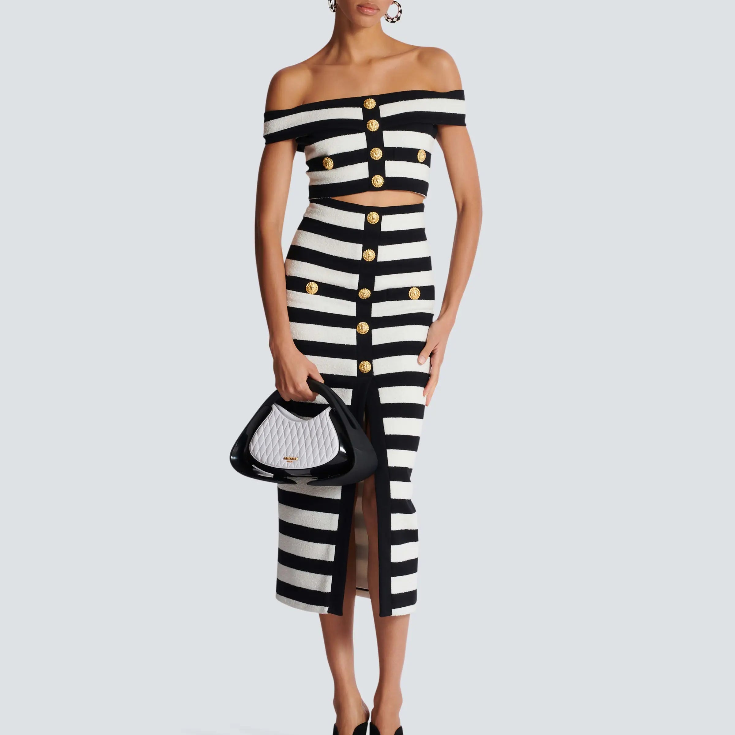 2024 New Women Sexy Slash Neck Striped 2 Pieces Bodycon Bandage Mid-calf Dress Fashion Celebrate Office Lady Elegant Wear