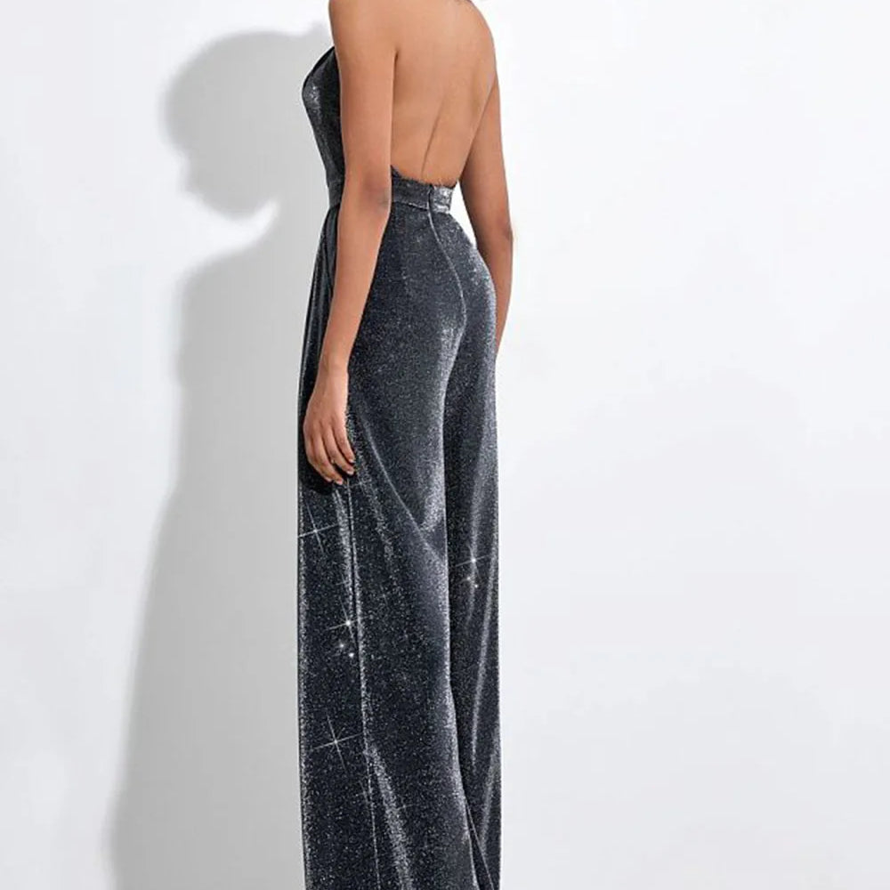 Silver Color Women Sexy Halter Backless Keyholes Slim Jumpsuit Celebrate Nightclub Party Birthday Vacation Fashion Wear