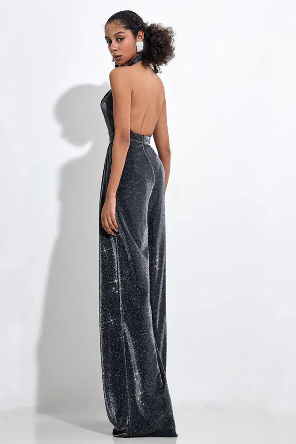 Silver Color Women Sexy Halter Backless Keyholes Slim Jumpsuit Celebrate Nightclub Party Birthday Vacation Fashion Wear