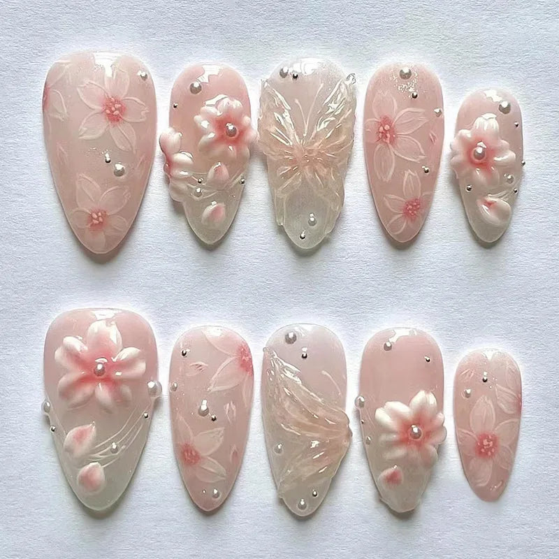 24Pcs White French Full Cover Fake Nail Tips with Pearl Reusable Short Almond False Nails Colorful Flowers Design Press on Nails 1121