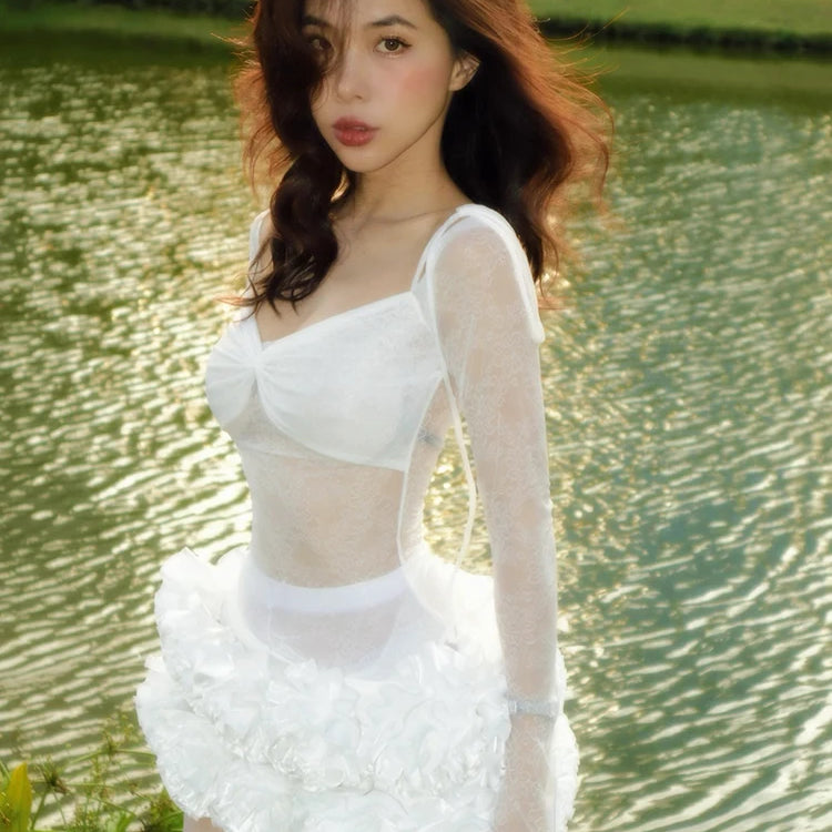 Sweet Fairy-Tale White & Red Off-Shoulder Lace & Puff Skirt Dress Outfit for Themed Parties