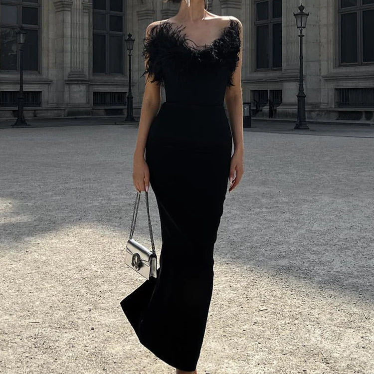 Woman Strapless Feather Design Dress For Party Chic Bodycon Bandage Black Long Dress Vestido