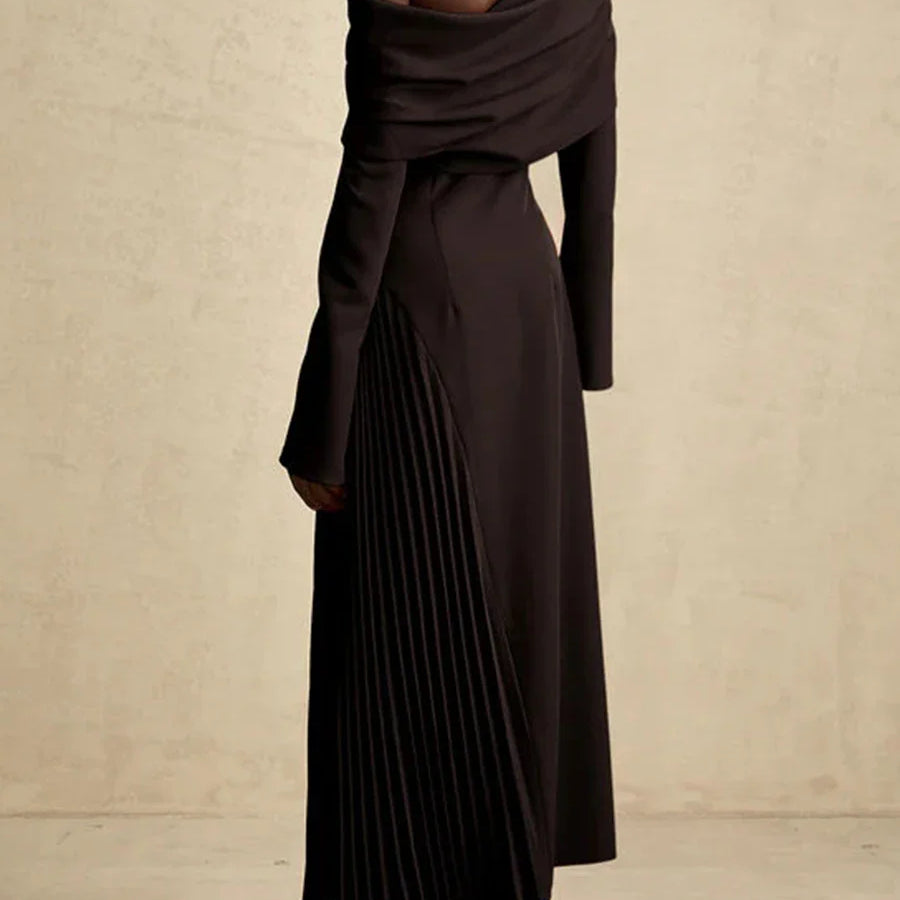 Solid Slimming Temperament Midi Dresses for Women Diagonal Neck Long Sleeves Minimalism Dress Female Clothing New