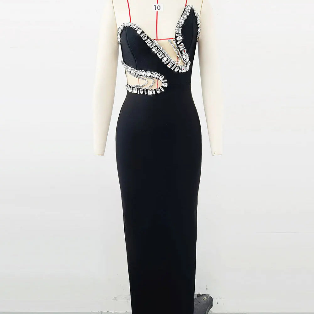 2025 Sexy Women'S Light Luxury Nail Bead Bandage Dress Strapless Sleeveless Patchwork Bodycon Backless Long Dress Party Vestidos black