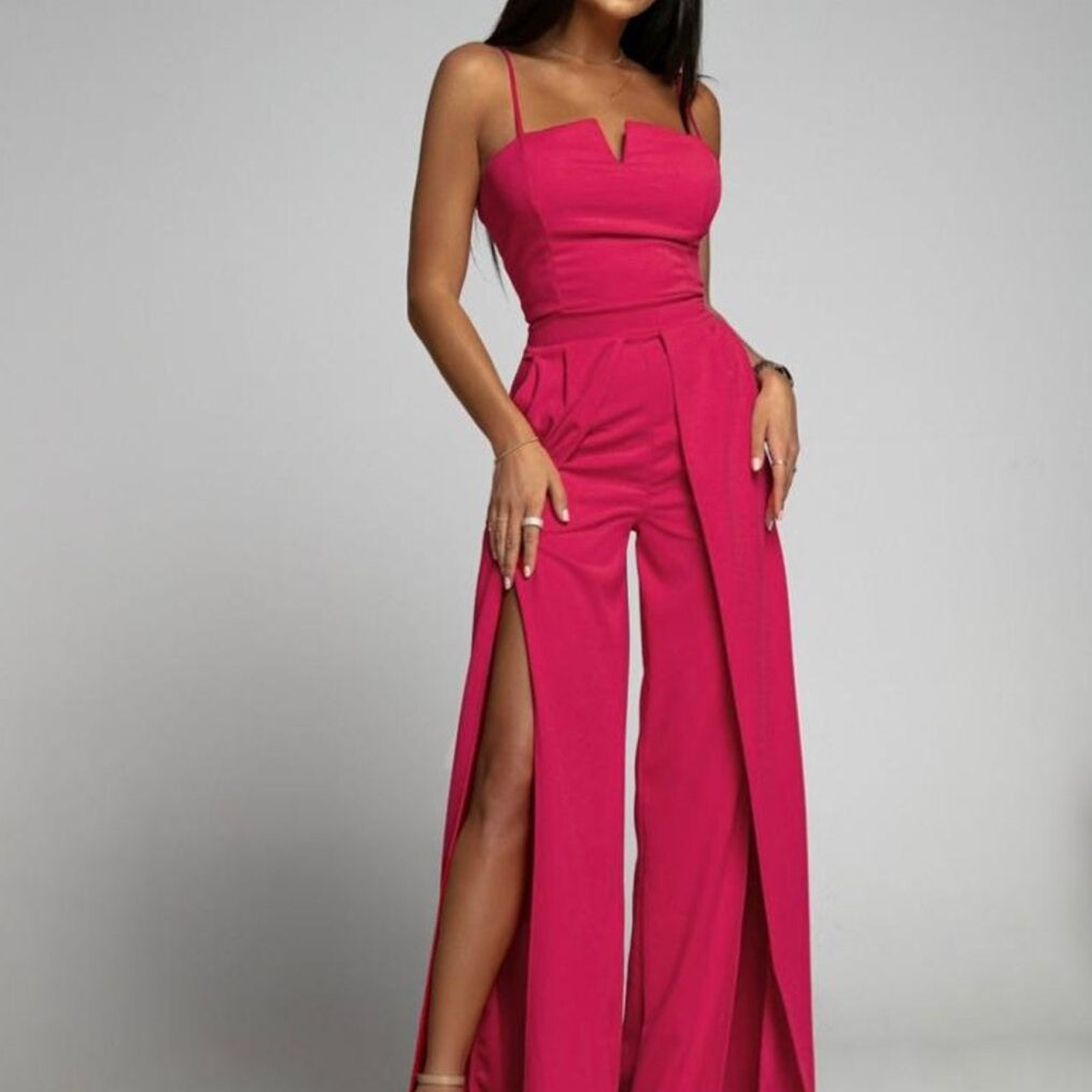 Summer Fashion Jumpsuit Women Sexy Suspender Bra Sleeveless High Waist Split Wide Leg Pants Elegant Temperament Jumpsuit Women Rose Red